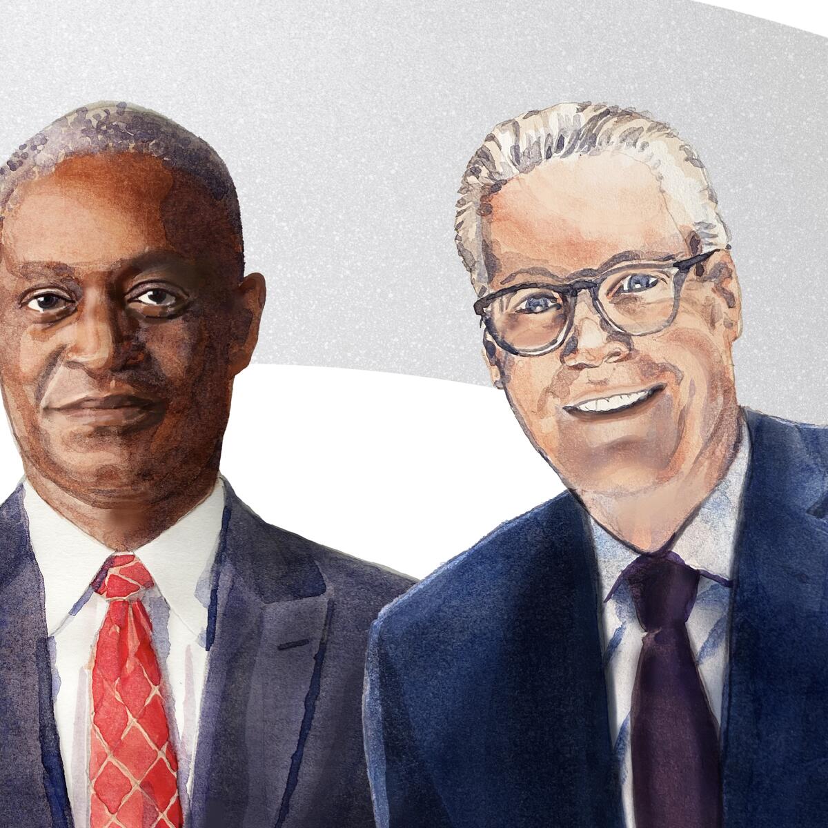 A drawing of Delta CEO Ed Bastian and CEO of the Federal Reserve Bank of Atlanta Raphael Bostic