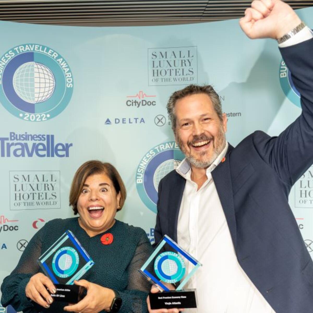 Nadia Clinton, Delta’s U.K. and Ireland Sales Manager, celebrates Delta's Business Traveller's award with Tom Maynard, Head of Corporate Sale from our JV partner Virgin Atlantic.