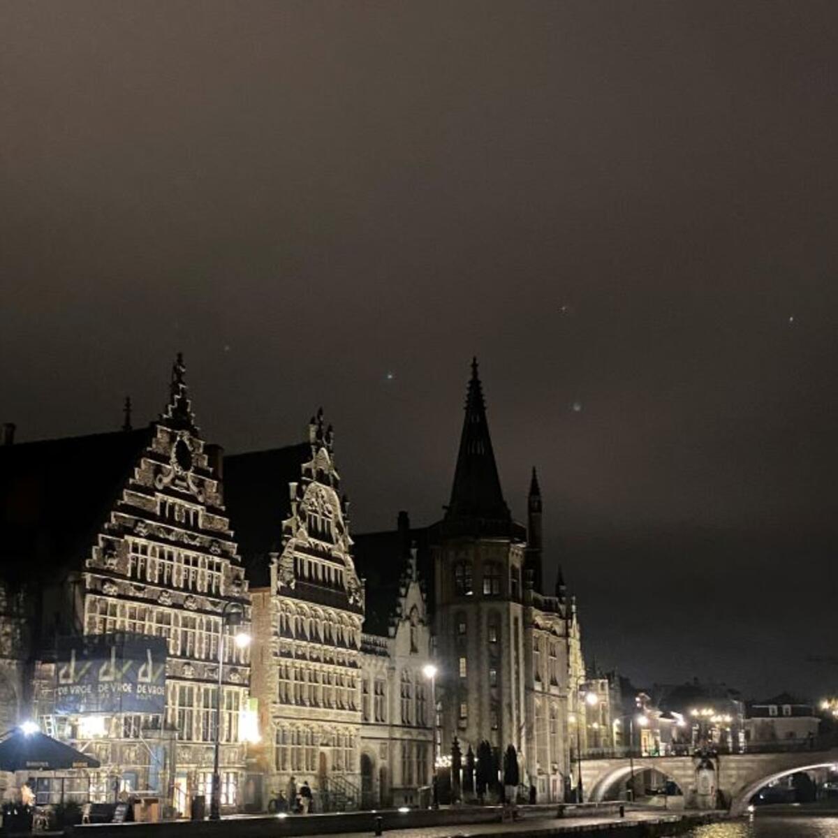 A nighttime view of the town of Ghent near Brussels