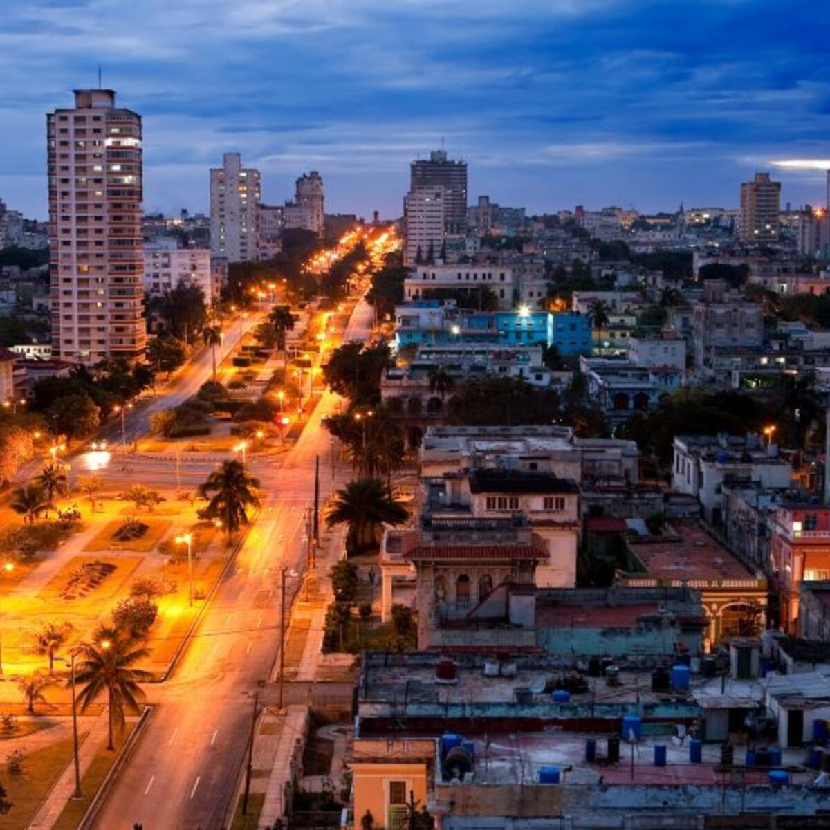 View of the Havana skyline at night.