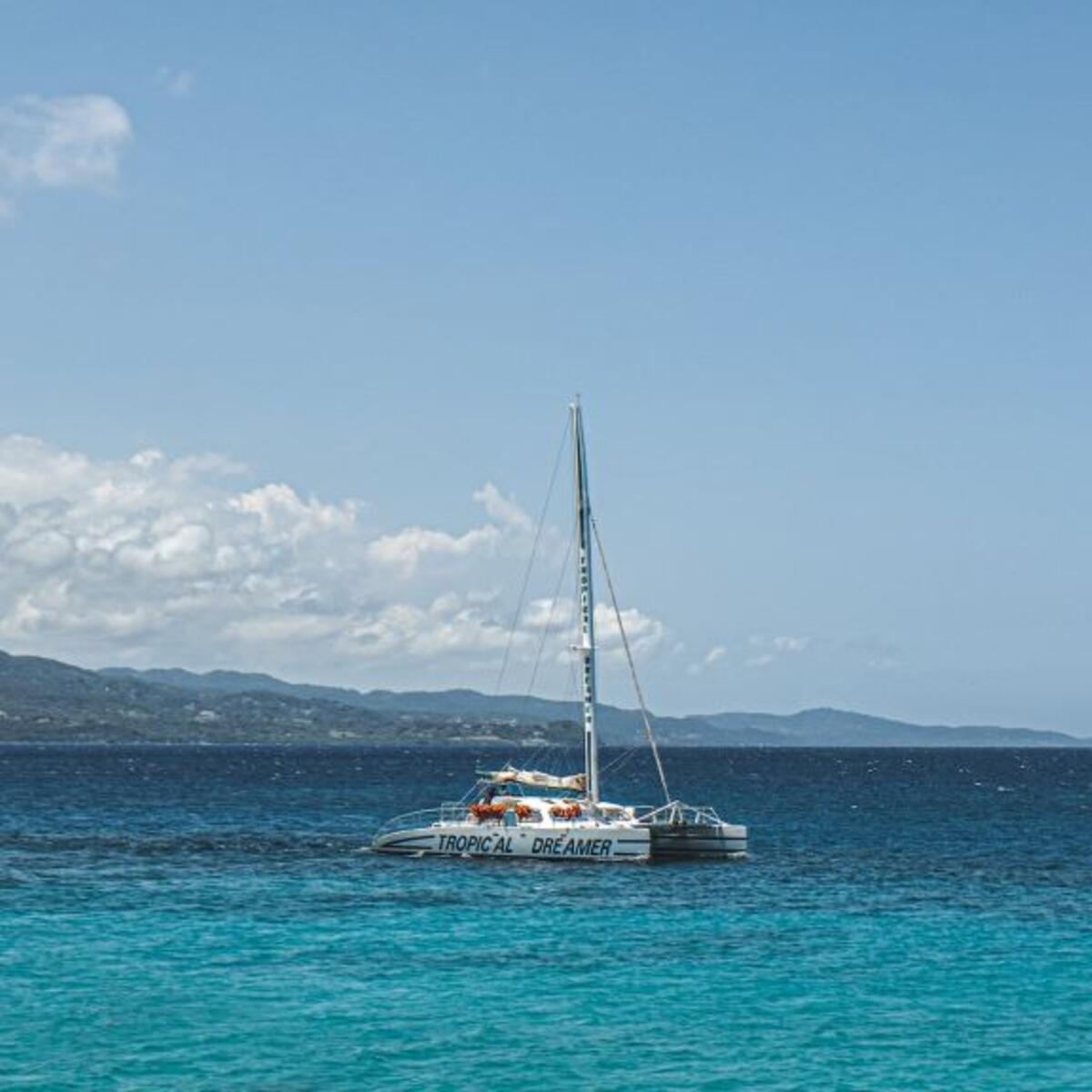 A boat sits on the waters of Montego Bay, Jamaica.