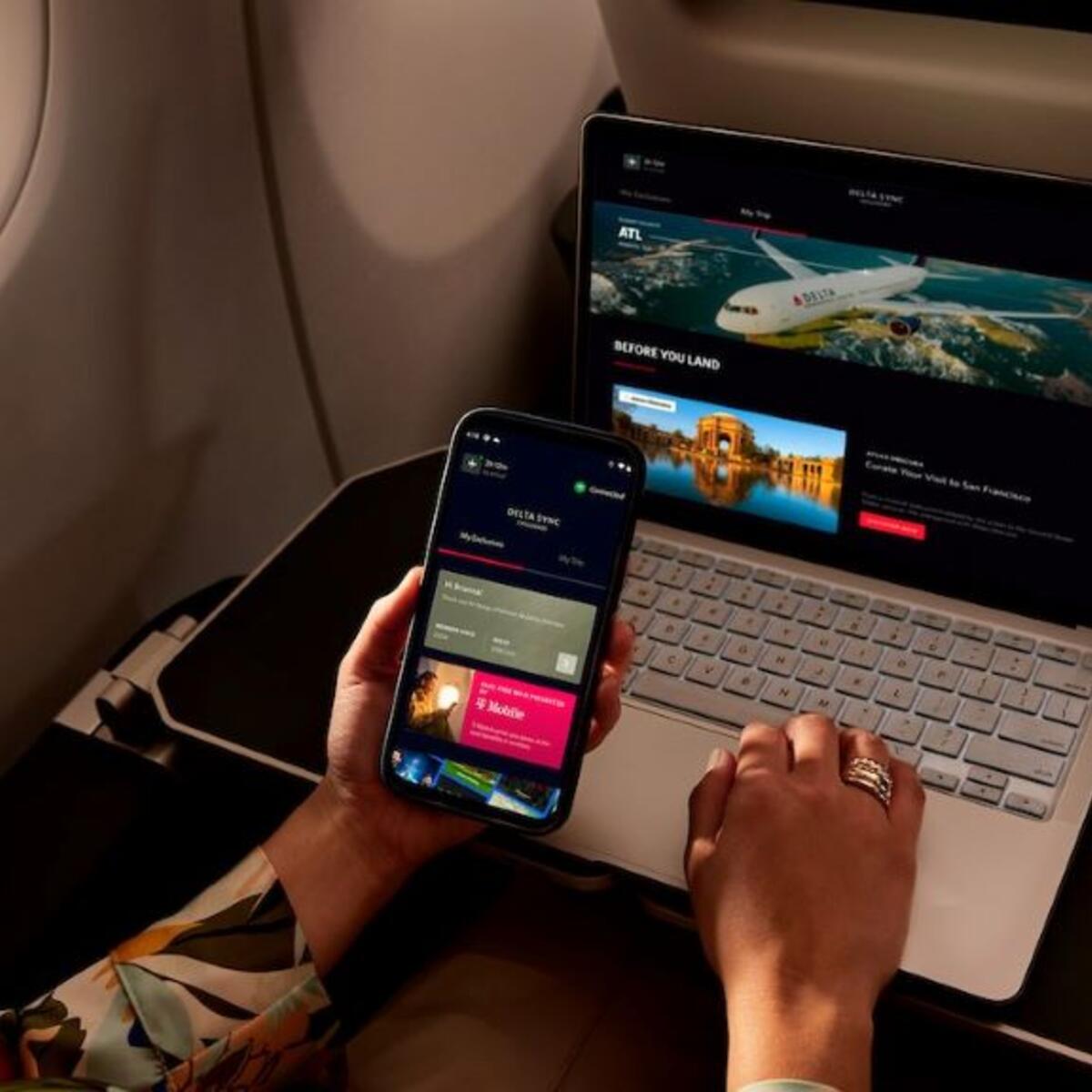 A Delta customer accesses Delta Sync using Delta's free Wi-Fi.