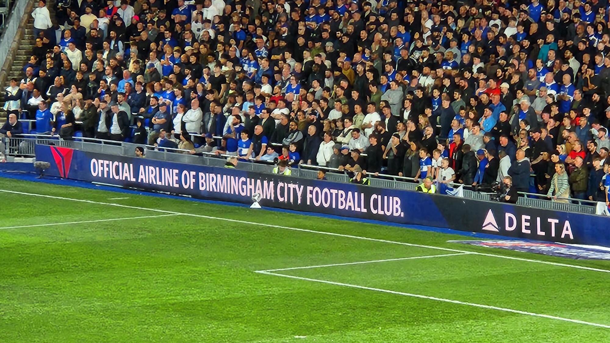Delta branding can be seen on the sidelines during a Birmingham City Football Club game.