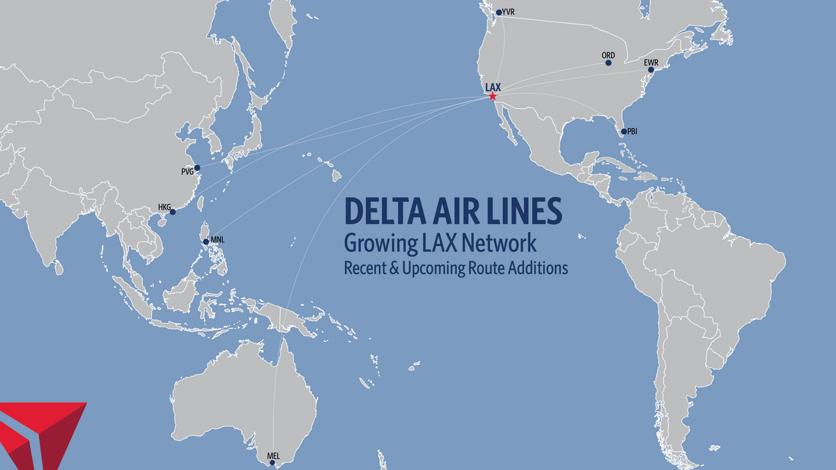 Map showing Delta Air Lines’ expanding Los Angeles (LAX) route network, with flight connections across North America, Asia, and Australia.