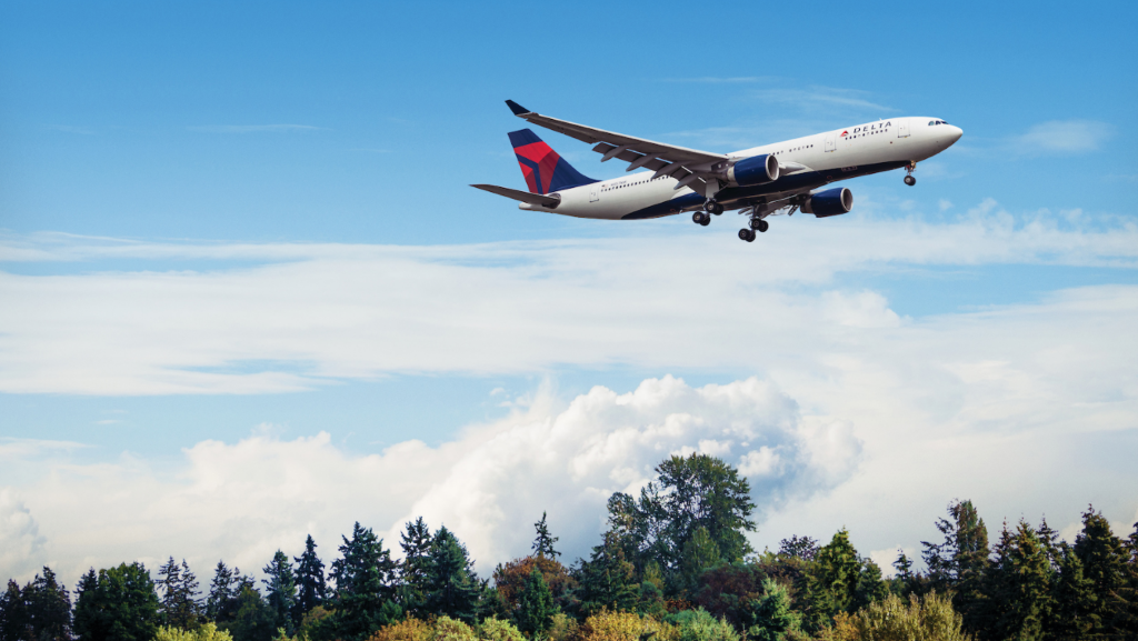 A330-200 in flight over trees