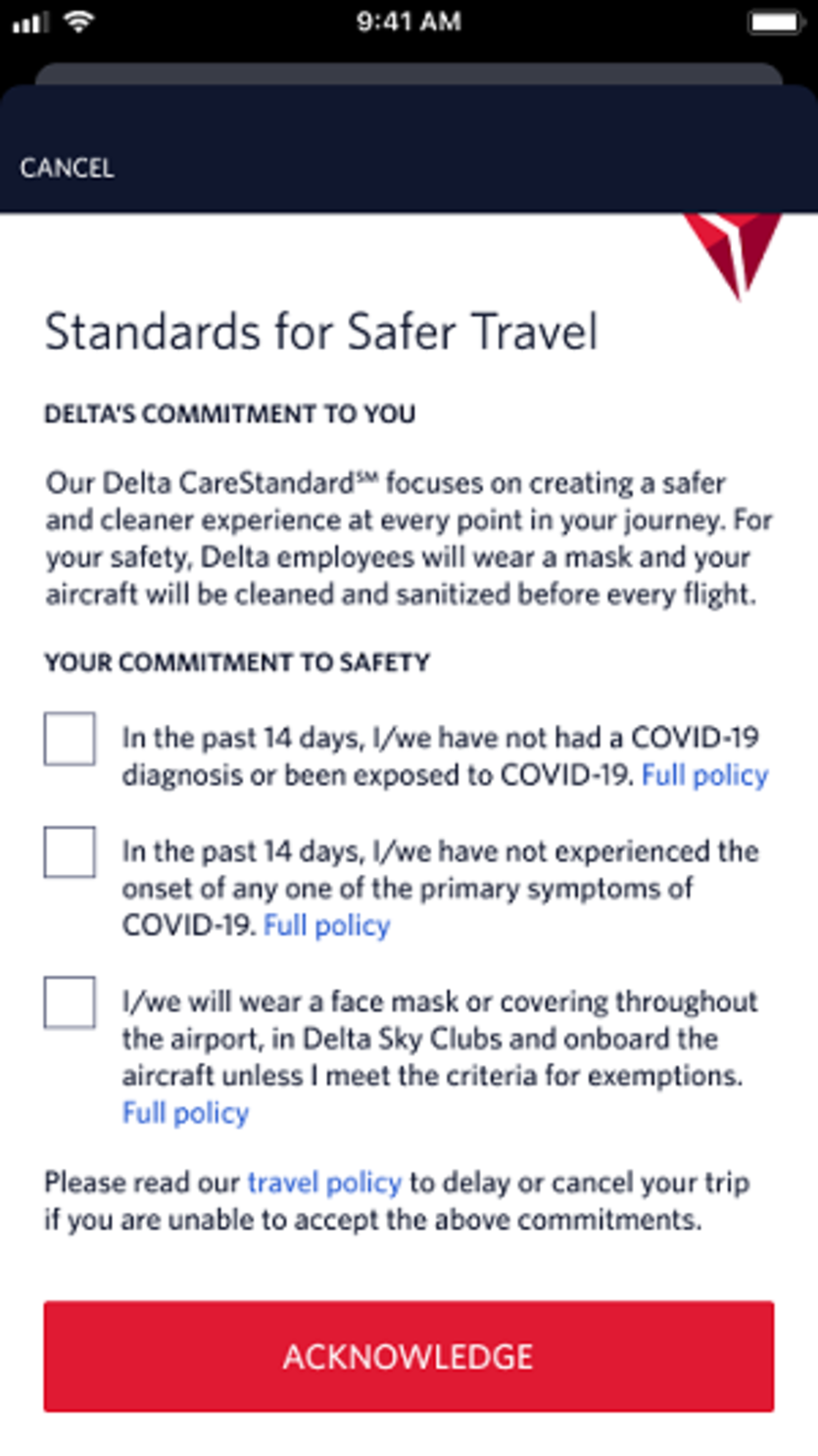 Fly Delta app - standards for safer travel