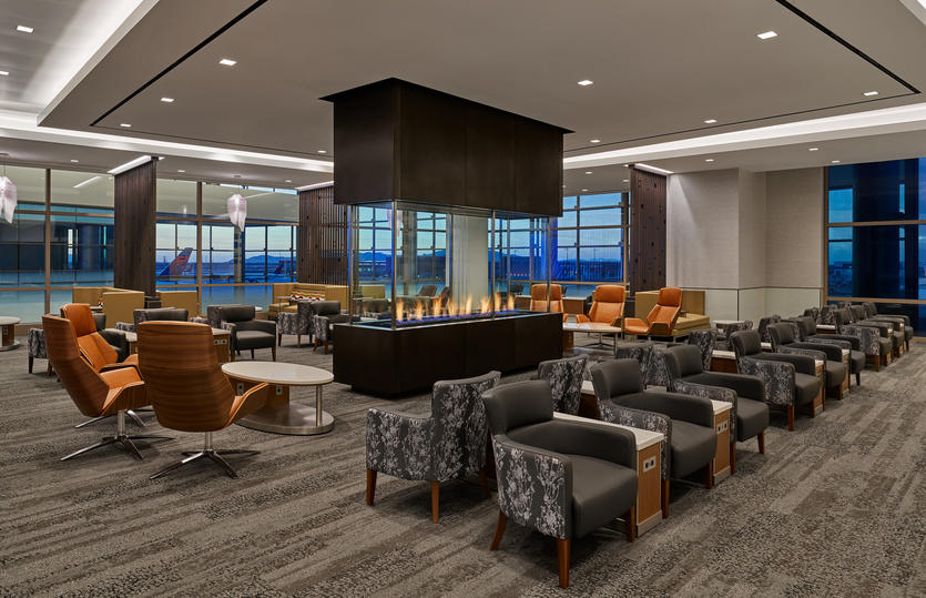 Delta Sky Club 360-degree fireplace at new SLC airport