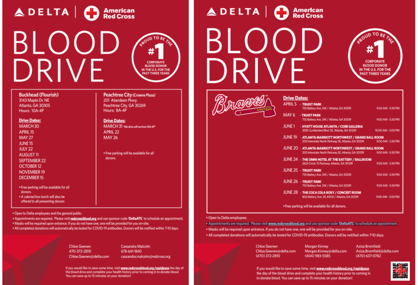 2021 Public Schedule of Delta X American Red Cross Blood Drives