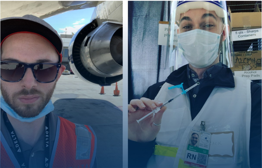 Image of Delta employee on the ramp in front of a plane beside a photo of same Delta employee wearing PPE as a vaccine provider