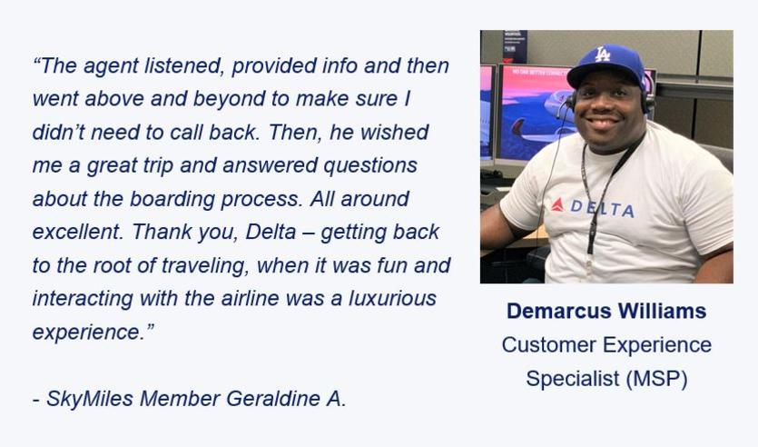 A customer's testimonial regarding the help of a Delta Customer Experience Specialist
