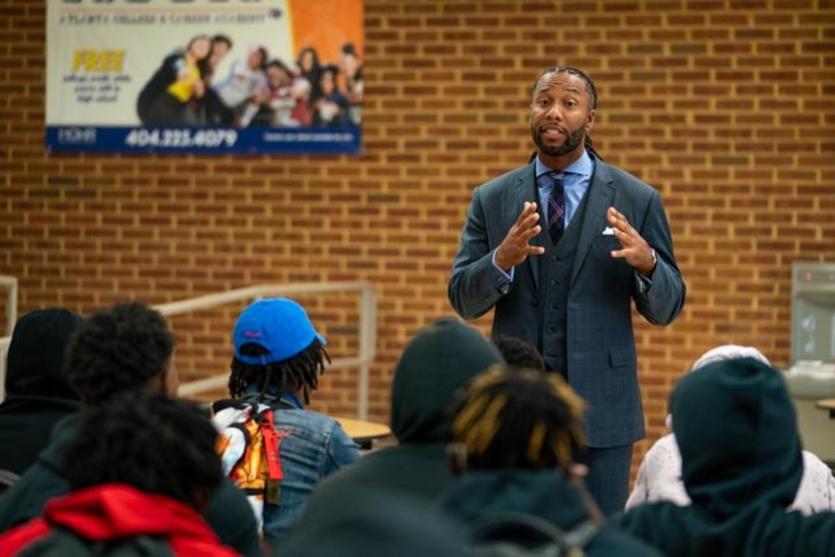 Larry Fitzgerald talks to students at South Atlanta High School