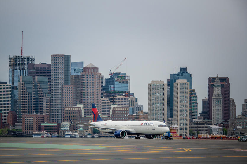 A321neo in Boston, showing Boston skyline