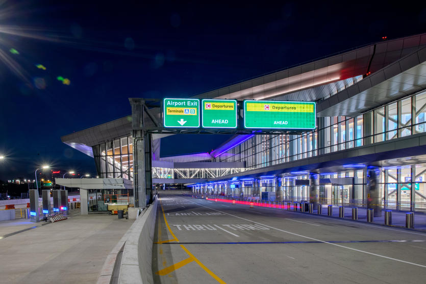 Delta's new Terminal C at LGA, exterior view at night
