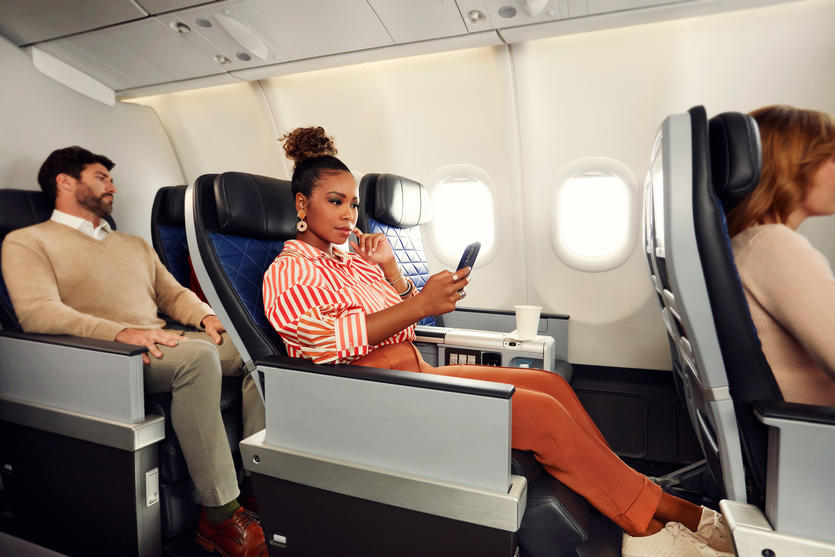 Delta Premium Select offers travelers more space to stretch out and relax with a wider seat, additional recline, and an adjustable footrest and leg rest on most long-haul international flights.