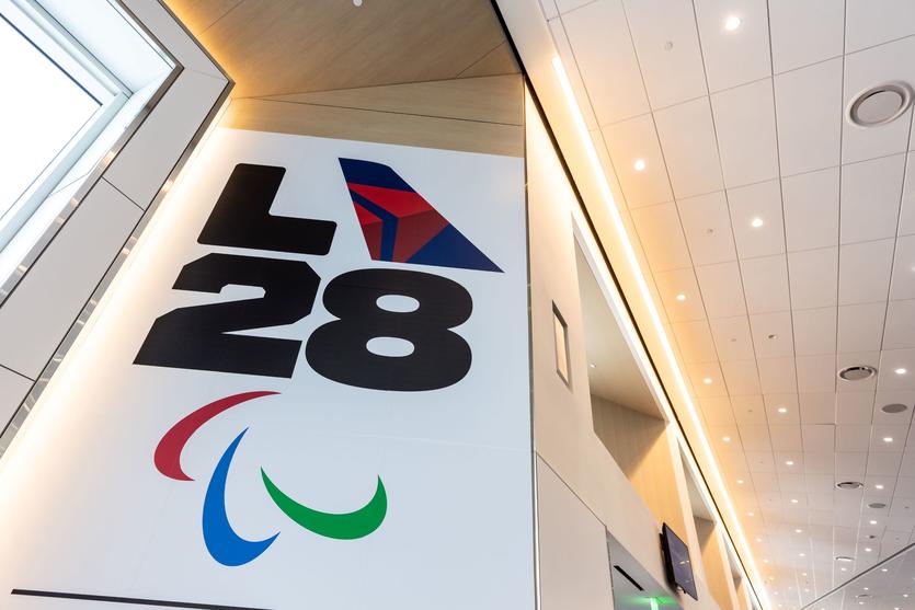 The cocreated LA28 logo is displayed at LAX on Sept. 29, 2022.