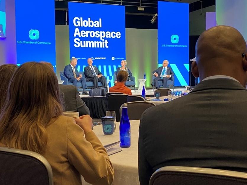 Capt. Patrick Burns speaks on a panel at the U.S. Chamber of Commerce Global Aerospace Summit in September 2022.