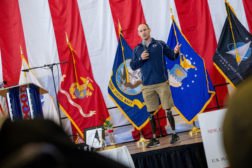 Navy SEAL lieutenant commander and Team USA Paralympian Dan Cnossen speaks at the 2022 veterans appreciation event.