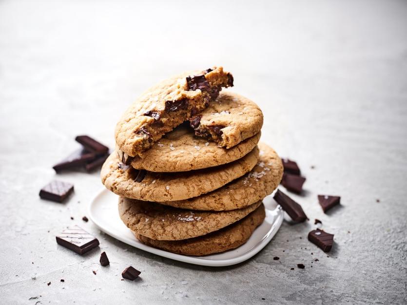 A stack of chocolate chunk and sea salt cookies from Bell's Cookie Co.