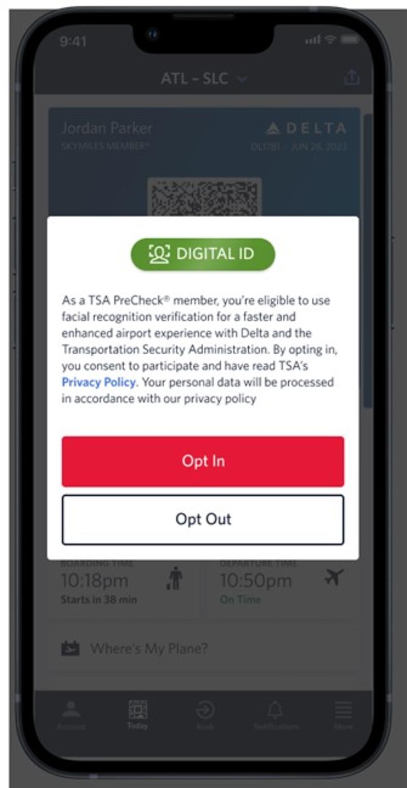 A screen on a phone showing Delta's Digital ID opt-in.