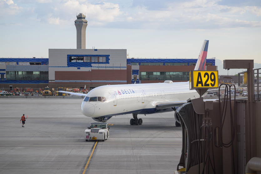 A Boeing 757-200 taxis at Salt Lake City International Airport on May 16, 2023.