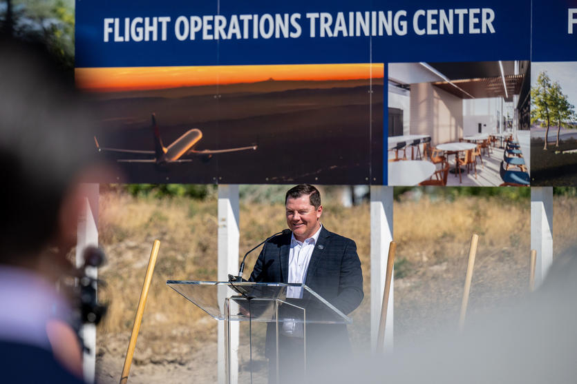 Ryan Starks, Executive Director at Utah Governor's Office of Economic Opportunity, speaks at the groundbreaking of Delta's new pilot training center in Salt Lake City.