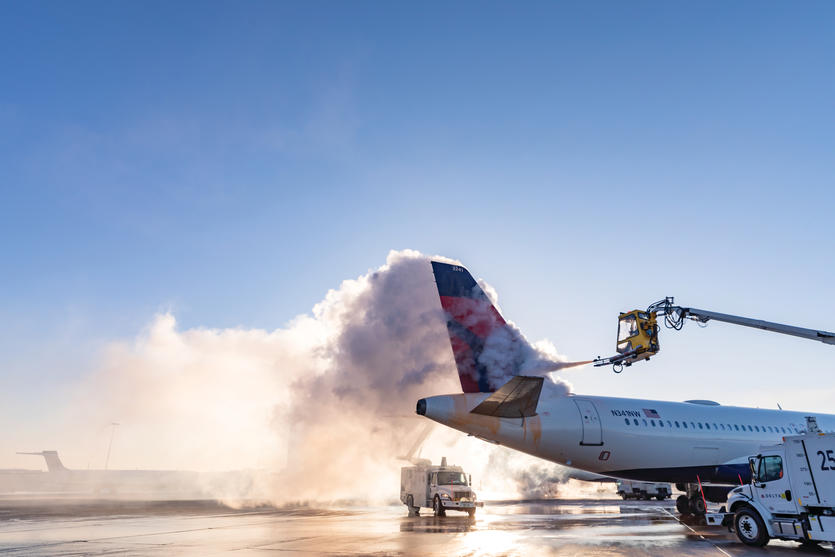Deicing the tail of an Airbus A320 at Minneapolis-Saint Paul International Airport.