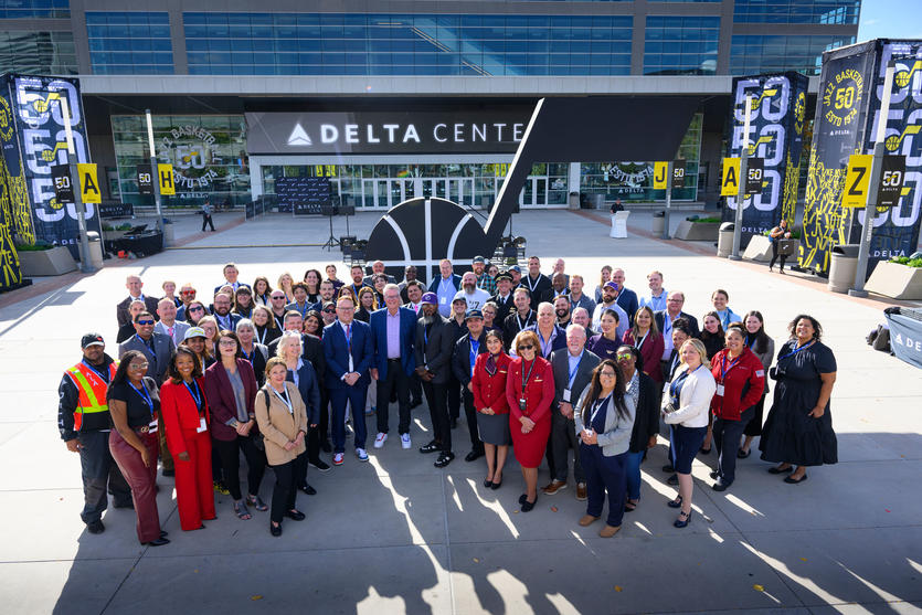 Delta and the Utah Jazz commemorated the official return of the Delta Center to Salt Lake City with a festive ribbon cutting ceremony and press conference on Thursday, Oct. 26, 2023.