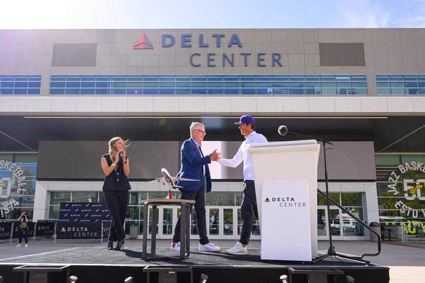 Delta and the Utah Jazz commemorated the official return of the Delta Center to Salt Lake City with a festive ribbon cutting ceremony and press conference on Thursday, Oct. 26, 2023. 