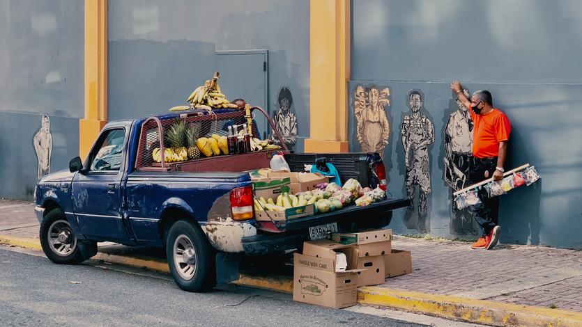 Fruit for sale fills the back of a truck in the Santurce neighborhood in San Juan, Puerto Rico