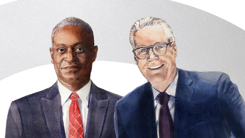 A drawing of Delta CEO Ed Bastian and CEO of the Federal Reserve Bank of Atlanta Raphael Bostic