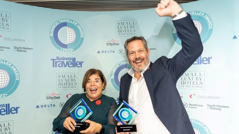 Nadia Clinton, Delta’s U.K. and Ireland Sales Manager, celebrates Delta's Business Traveller's award with Tom Maynard, Head of Corporate Sale from our JV partner Virgin Atlantic.