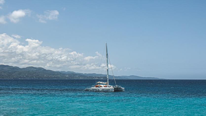 A boat sits on the waters of Montego Bay, Jamaica.