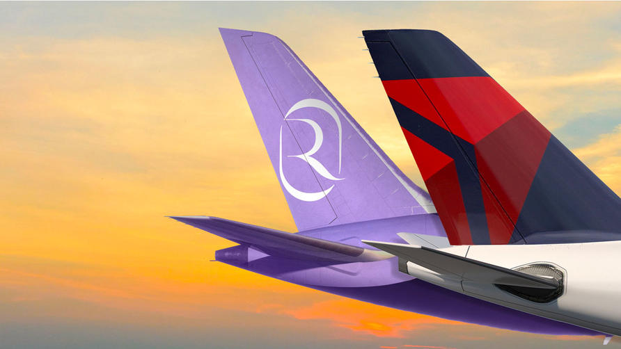 Delta Air Lines and Riyadh Air plane tails.