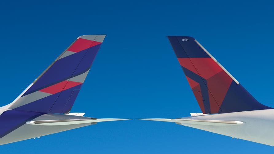 Tails from Delta and LATAM aircraft