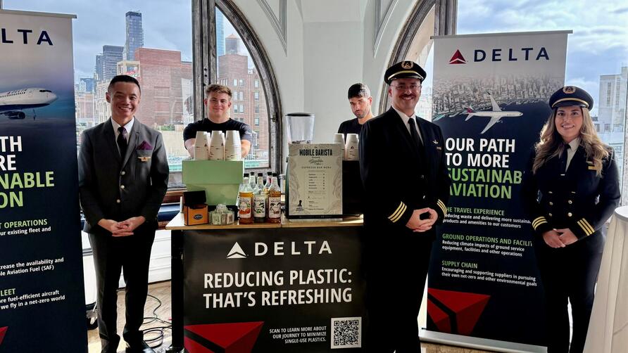 Delta pilots and flight attendants attend New York Climate Week to display Delta's sustainability efforts.