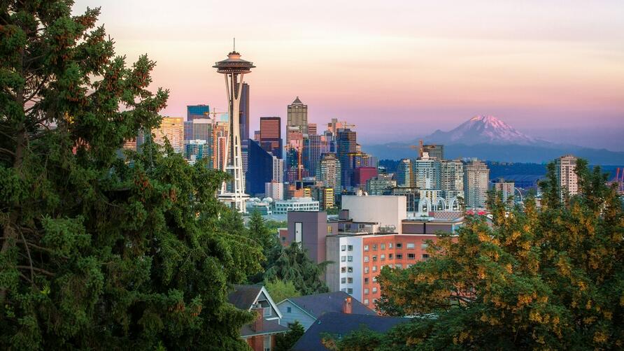 A view of the Seattle skyline featuring the Space Needle and Mt. Rainier