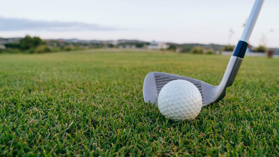 Golf club and ball on grass