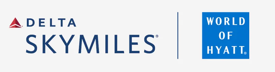 Delta SkyMiles and World of Hyatt co-branded logo displayed side by side on a light gray background.
