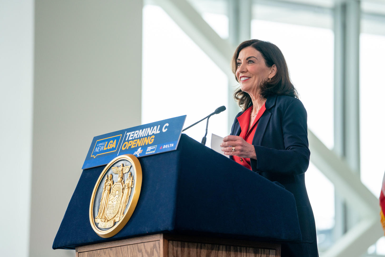 NY Governor Kathy Hochul at opening of new Delta terminal at LaGuardia