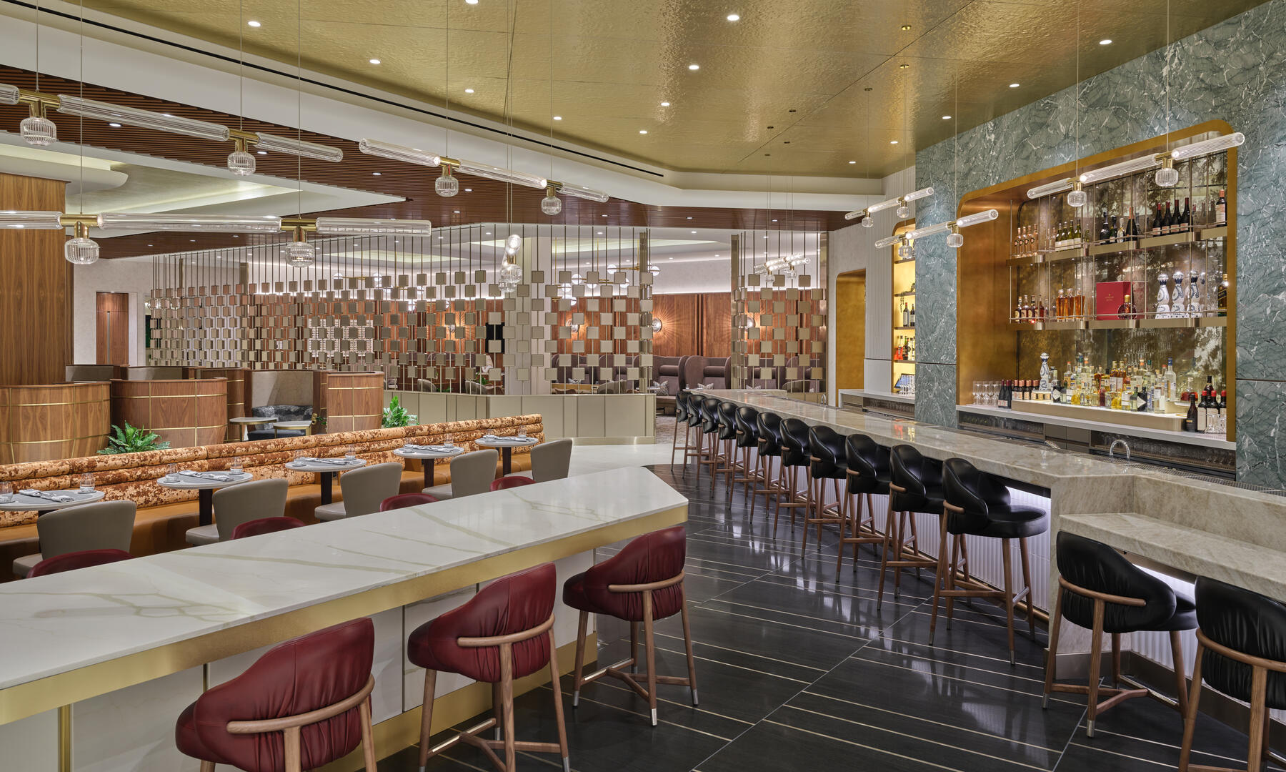 A view of the bar seats at the LAX Delta One Lounge. The entire lounge includes seating for nearly 200 guests.