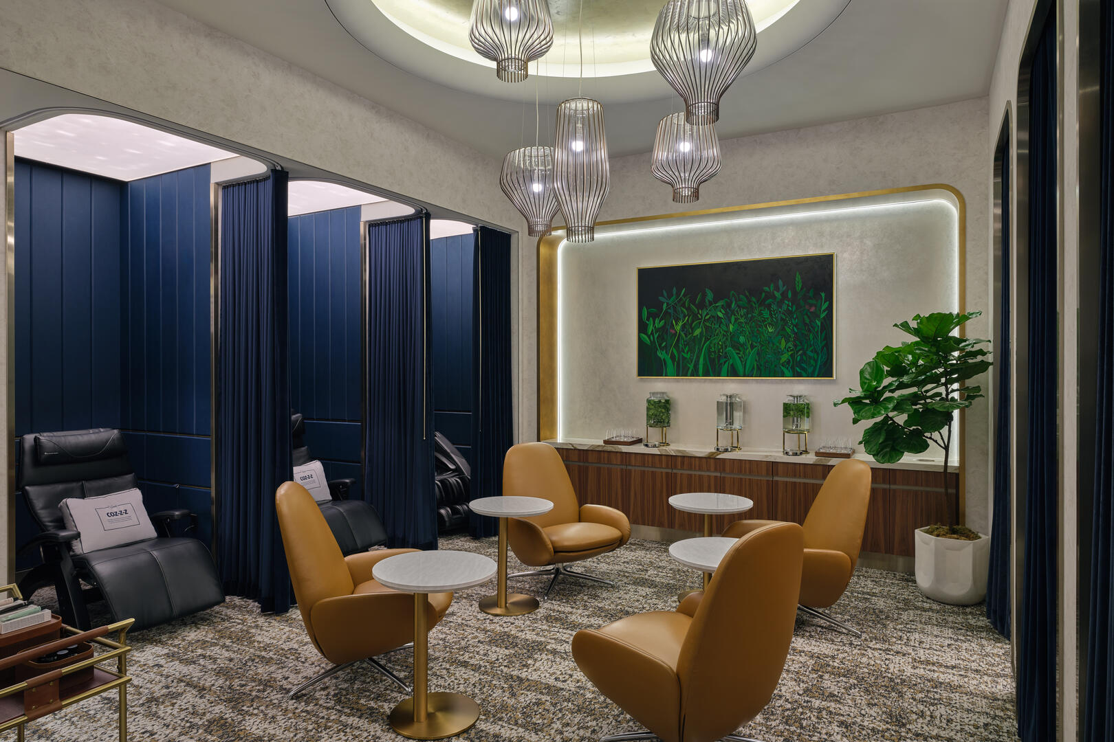 The LAX Delta One Lounge wellness room features eight private relaxation pods equipped with zero-gravity chairs and full-body massage chairs.  