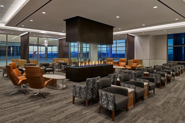 Delta Sky Club 360-degree fireplace at new SLC airport
