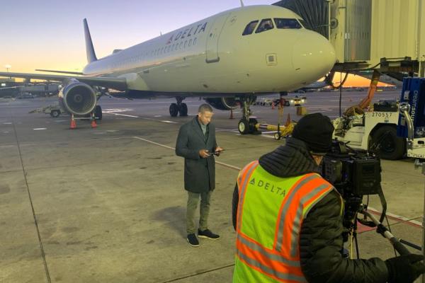 CBS Mornings sets up for their live shot behind the scenes of Delta.