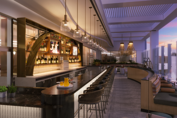 Rendering of Delta's new Sky Club at LAX, which will feature a bar that extends from inside to the year-round, outdoor Sky Deck. 