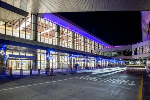 Delta's new Terminal C at LGA, exterior view at night