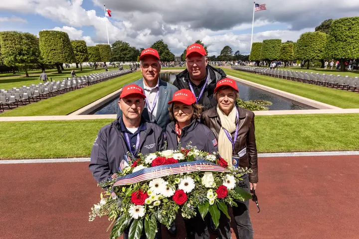 Delta’s Kurt Robinson, Virginie Durr, Beatrice deRotalier, Chris Jones and Paul Hassenstab at Normandy American Cemetery and Memorial on D-Day.