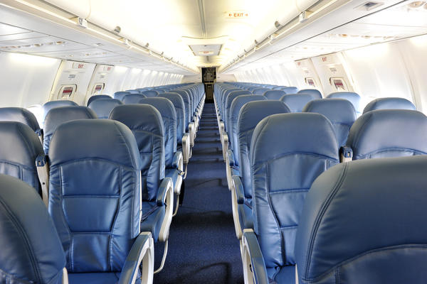 A view of the 737-800 shows the interior in the main cabin section of the aircraft.