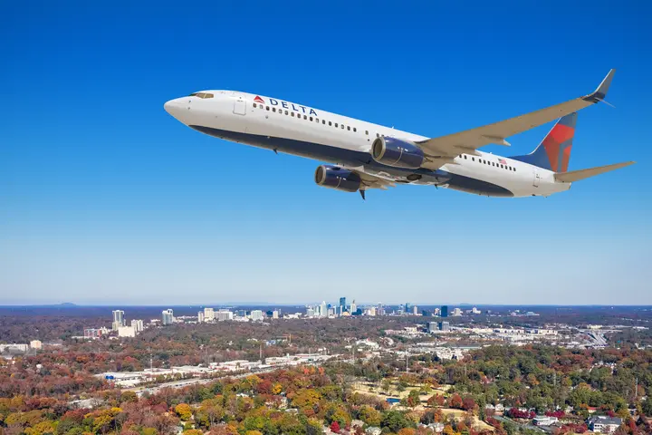 Boeing 737-10 in flight over Atlanta