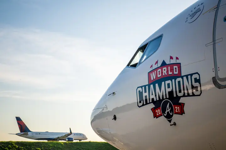 Delta's "World Champions" plane honoring the Atlanta Braves.