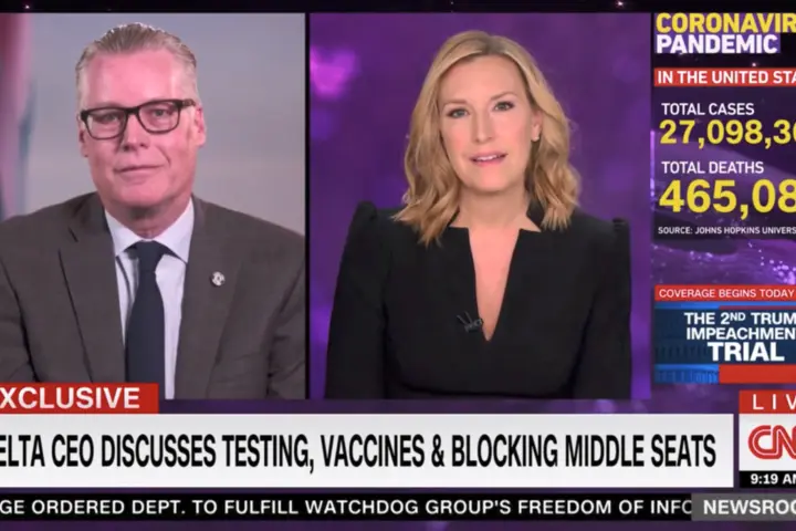 Screenshot of Delta CEO Ed Bastian conversation with CNN anchor Poppy Harlow